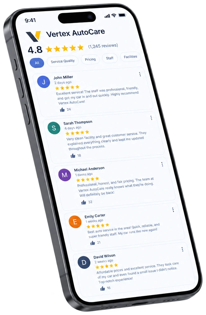 Customer reviews of Vertex AutoCare shown on a phone.