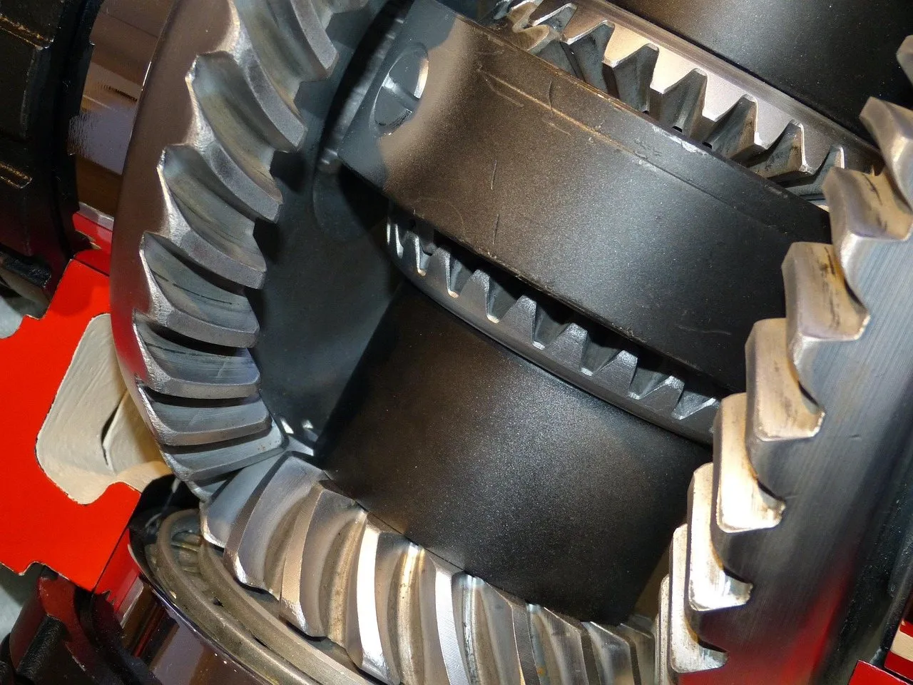 Close-up of the ring and pinion gears inside a car differential